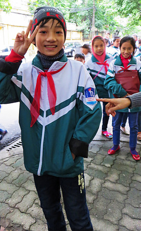 Students in Hanoi outside the "Hanoi Hilton"