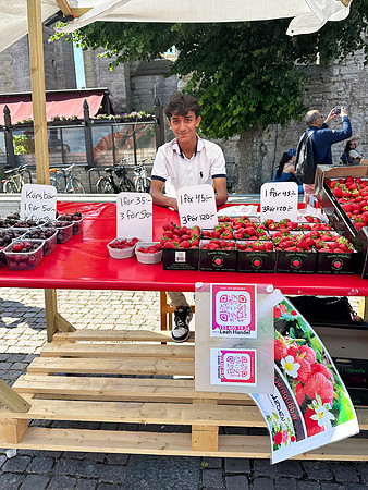 Young boy sellling strawberries, Visby, Sweden